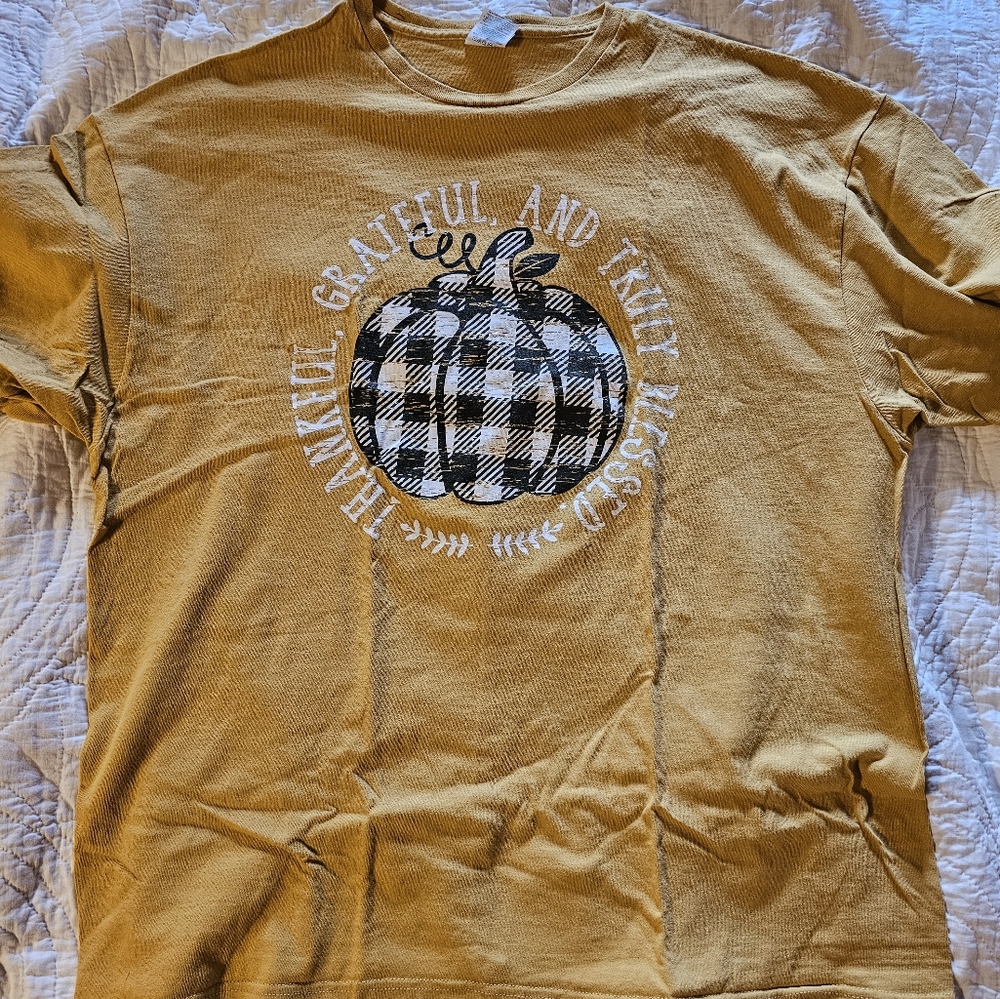 thankful, grateful, blessed plaid pumpkin tshirt XL NWOT